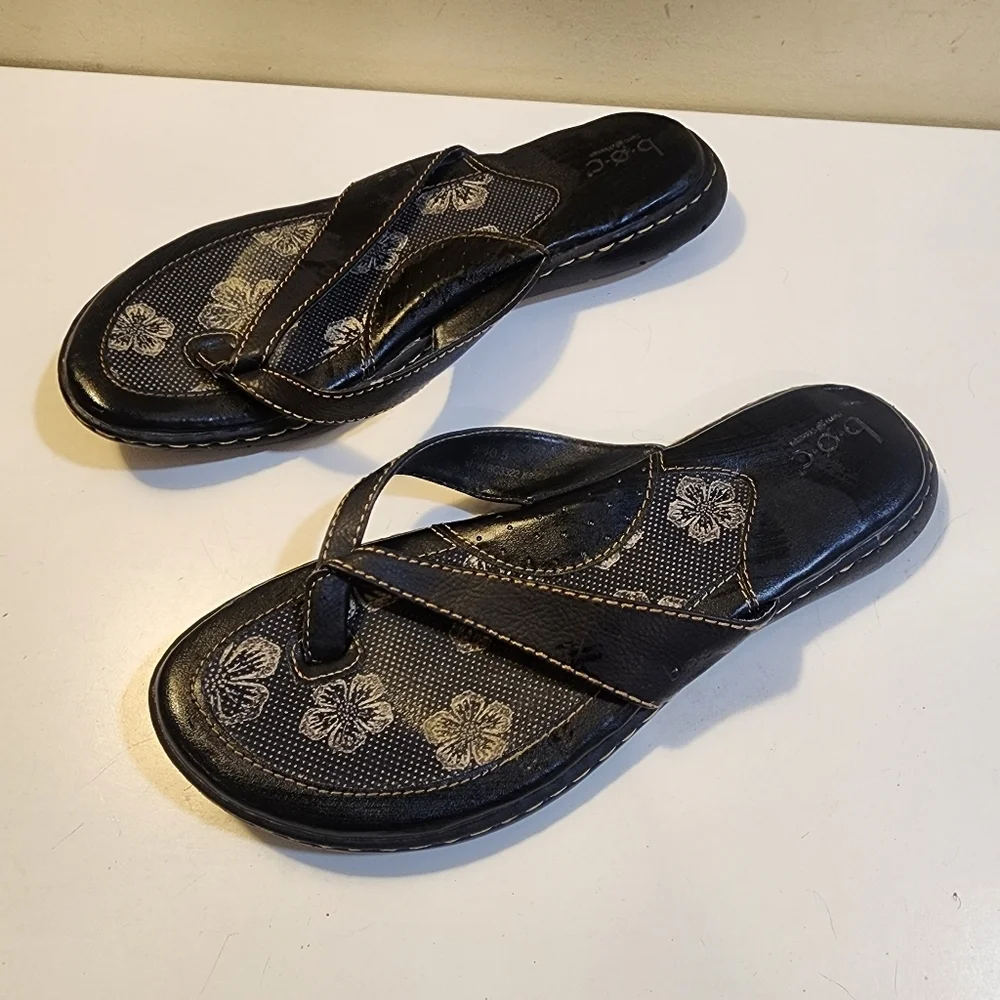 BOC Women’s Black Floral-Print Thong Flat Sandals Sz 9